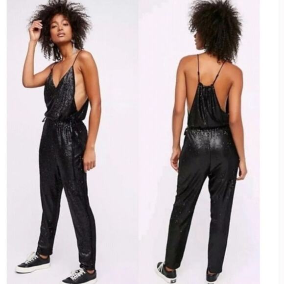 FREE PEOPLE all black slouchy sequin jumpsuit S - Picture 1 of 8
